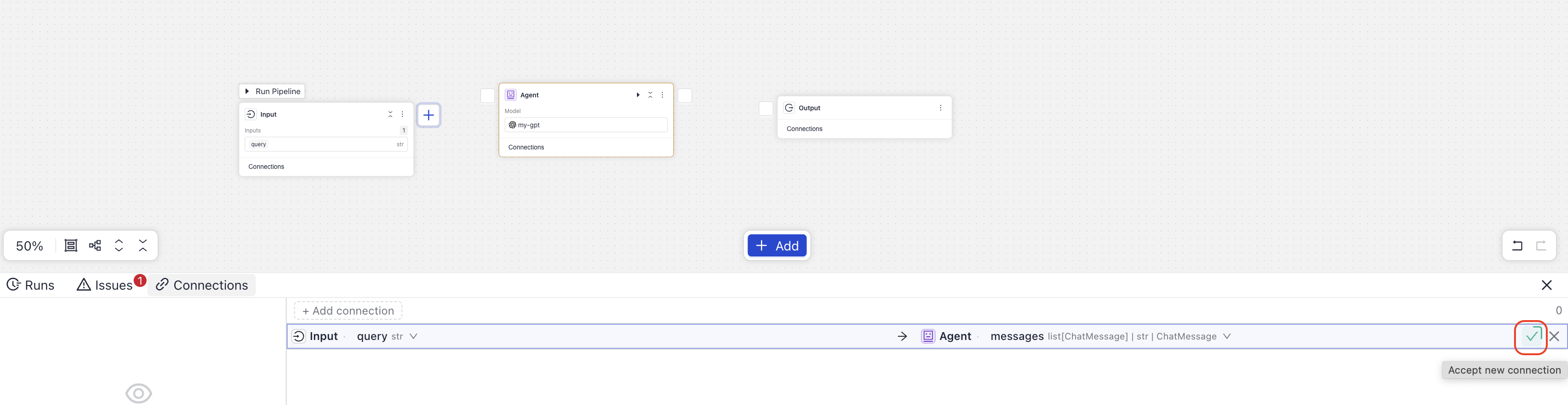 Accept a connection by clicking it in the Connections pane