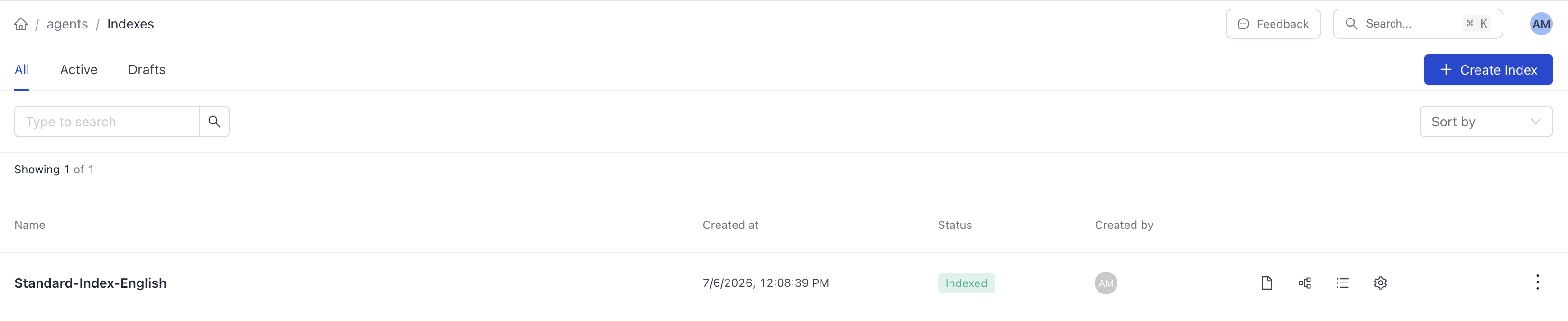 An index with status indexed on the Indexes page