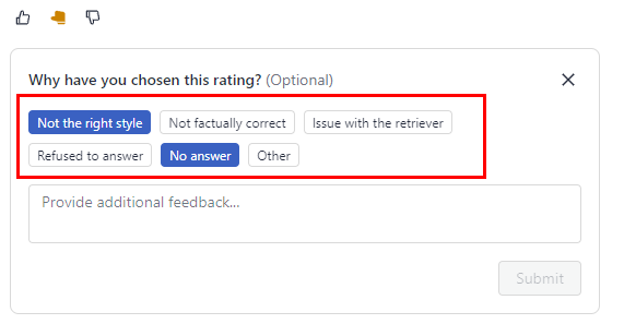 An answer with the fairly accurate rating assigned and the text field for providing additional comments opent. In the text field, you can see tags: not the right style, not factually correct, no answer, and the like, the user can choose. There's also a text field below and a submit button.