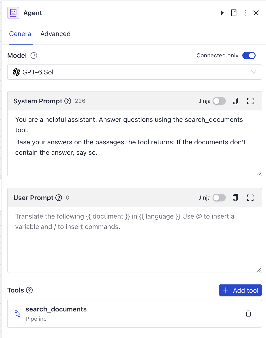 The agent component configured with the prompt and search tool