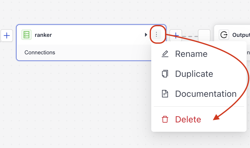 The ranker component in studio with three icons above its card: delete, documentation, bookmark.