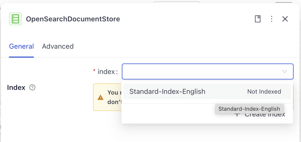 Selecting an index from the Document Store component card.