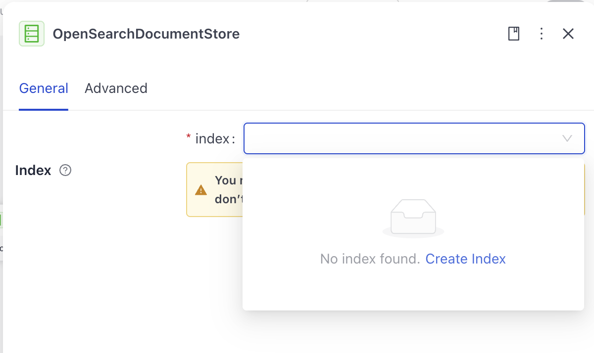 The index field on the document store component card.