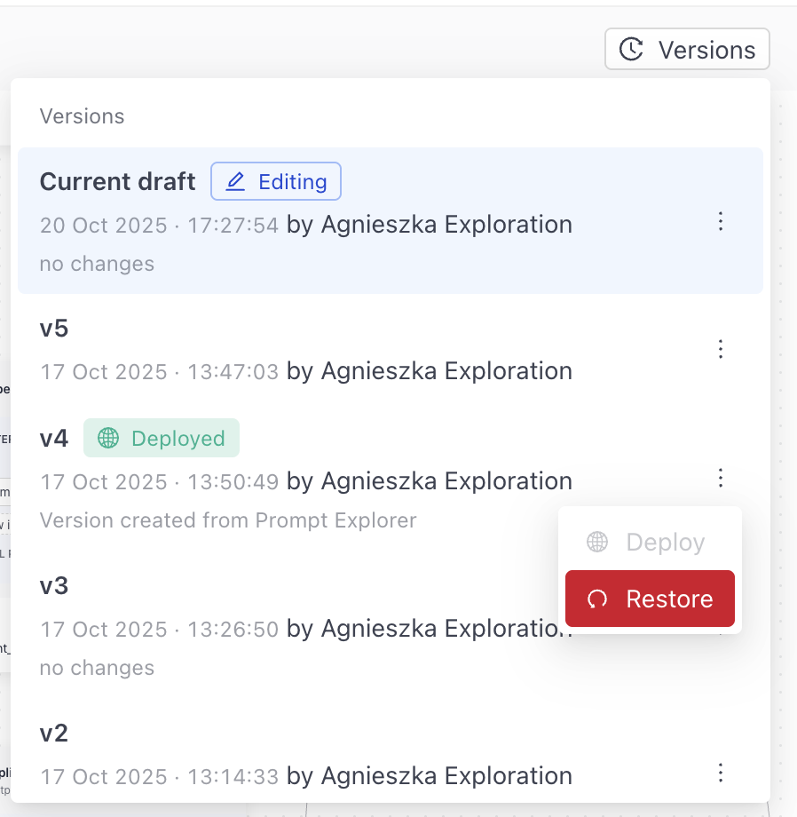 The Versions page with the Restore button highlighted