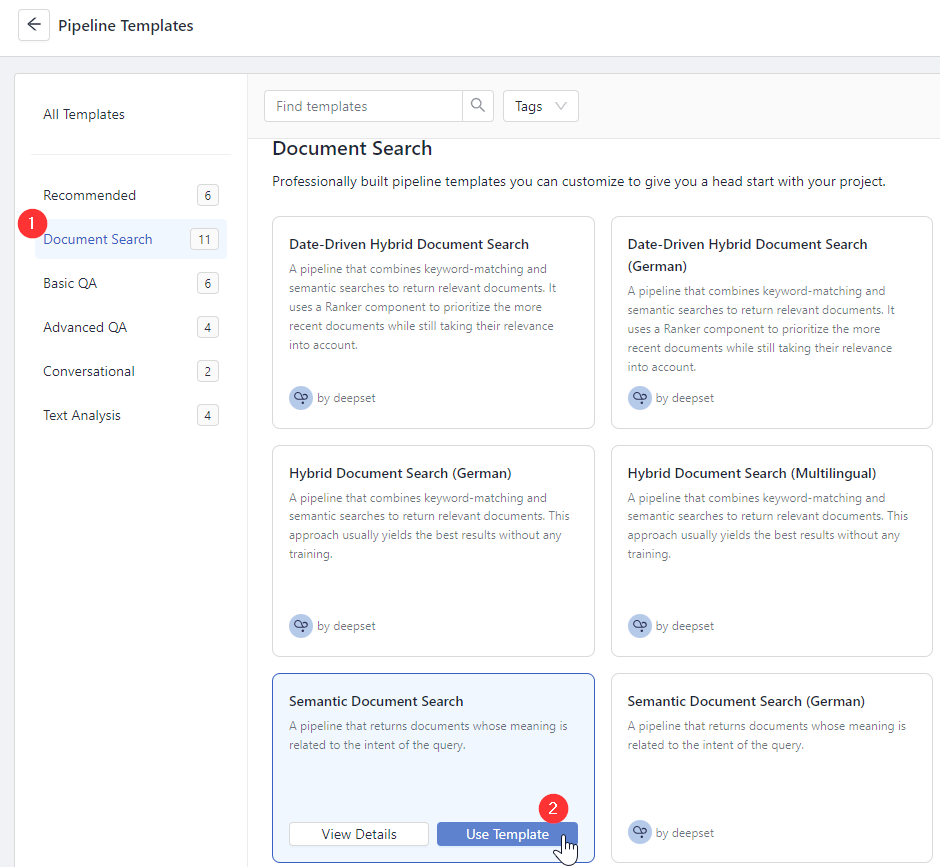The Pipeline Templates page with the Semantic Document Search template shown.