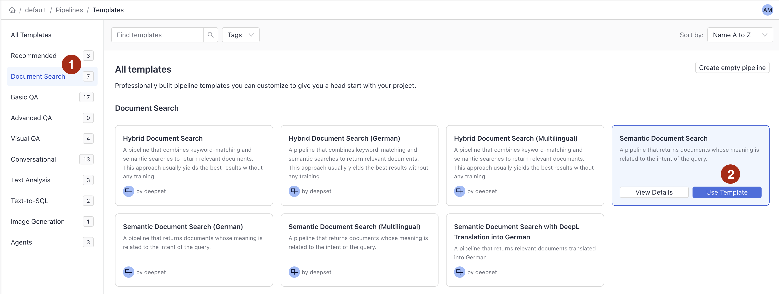 The semantic document search template on the Templates page